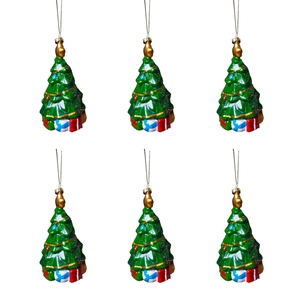 Detalle de 6 adornos verdes para el árbol de Navidad con motivos de cajas de regalo