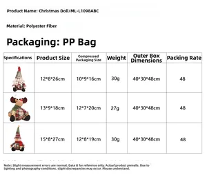 Size chart showing dimensions for Santa, reindeer, and snowman plush holiday ornaments