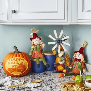 Autumn harvest decor set with Happy Fall pumpkin, scarecrow dolls and metal windmill