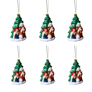 Detalle de 6 adornos navideños del pesebre con acabados coloridos y de purpurina