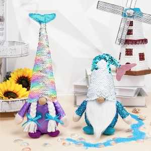 Meerjungfrau-Zwerge Plüsch-Set mit Pailletten-Fischschwanz-Hüten und Meeres-Deko
