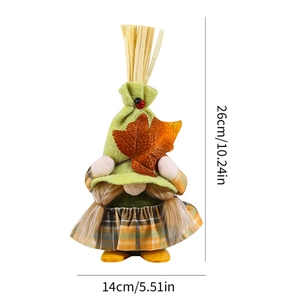 Harvest gnome plush doll with autumn maple leaf hat and orange plaid skirt 26cm tall