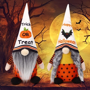 Halloween faceless gnome dolls with bat and pumpkin motifs in a spooky forest setting