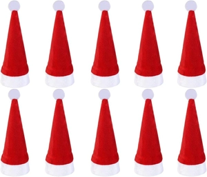 Set of 10 mini red felt Santa hats for Christmas wine bottles and cutlery decoration