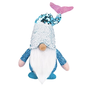 Detail eines Meerjungfrau-Gnomes mit Wendepailletten, glitzerndem Schwanz und weißem Bart