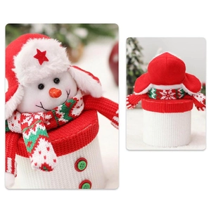 Christmas snowman candy jar with red knit hat and plush decorations for holiday gifting