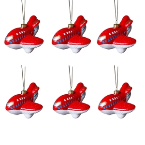 Set van 6 rode cartoon vliegtuig kersthangers met gouden lussen voor de kerstboom