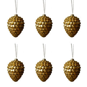Detailed view of six golden pinecone Christmas ornaments with hanging strings