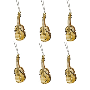 Detail view of six violin-shaped gold Christmas ornaments with strings for hanging