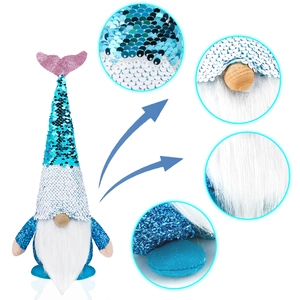 Sommerliche Meerjungfrau Gnom-Deko mit blauen Wendepailletten und Fischschwanz-Mütze