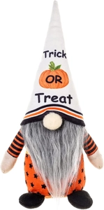 Close-up of Halloween gnome plush with Trick OR Treat hat and striped legs detail