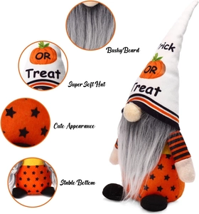 Detail of Halloween gnome featuring a bushy beard and pumpkin pattern on a tall white hat