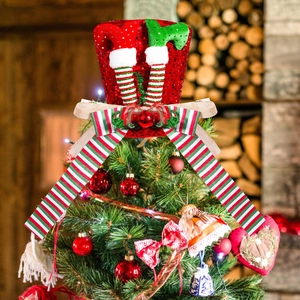 Christmas Tree Topper Hat With Elf Legs Red Sequin Striped Bow Decoration For Holiday Party Home Xmas Tree Top Ornament Decor