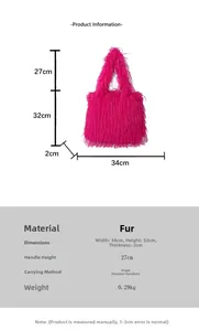 Spécifications de taille du sac cabas en fausse fourrure rose avec dimensions et poids