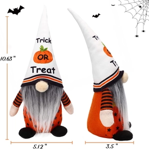 Halloween gnome plush with Trick or Treat hat and pumpkin patterns on white background