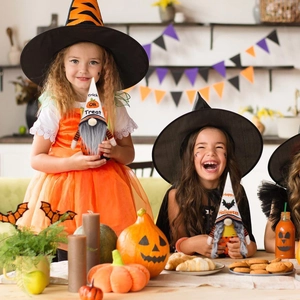 Halloween faceless gnome plush toys with pumpkin hats and Trick or Treat message