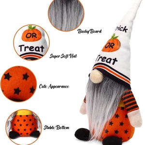 Standing Halloween gnome plush with Trick or Treat pumpkin hat and striped outfit