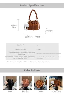 Detailed size specifications and color options for the vintage PU leather bucket bag