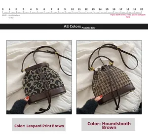 Detail view of retro leopard and houndstooth bucket bags with leather trim and gold hardware
