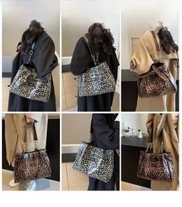 Multiple views of fashion leopard print shoulder bag worn by a model in casual outfits