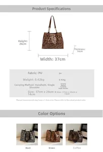 Detailed size and specification chart for large leopard print PU leather tote bag