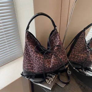 Women Fashion Leopard Print Large Capacity Backpack Multi Functional PU Leather Tote Bag With Bow Decoration Travel Bag