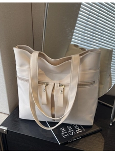 Borsa tote minimalista in tela color crema con grande capacità e doppie tasche frontali
