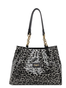 Chic leopard print tote bag with grey-black animal texture and golden chain straps