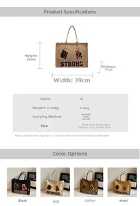 Size chart detail for canvas tote bag showing dimensions 39x29x17cm and color options