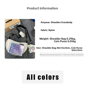 Detailed size comparison of a white nylon crescent bag and matching coin purse with iPad mini