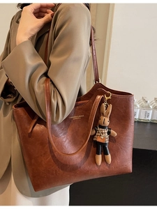 Retro brown oversized tote bag for women with a cute bunny charm and fashion text