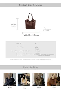 Detailed size chart and material specs for the large matte PU leather bow tote bag