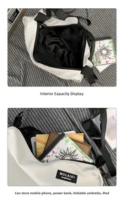 Detail showing high-capacity interior of white nylon crossbody bag for books and iPad