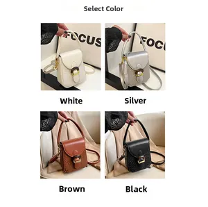 Mini crossbody phone bags in white, silver, brown, and black with woven texture and buckle