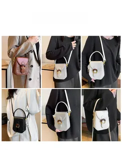 Detailed views of woven texture crossbody bag shown on model in four stylish colors