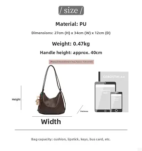Brown PU tote bag dimensions 27x34x12cm with weight 0.47kg and handle drop 40cm detail view