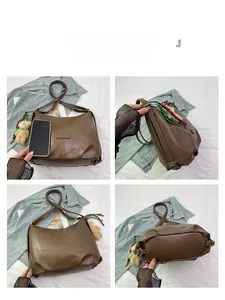 Detailed views of brown PU leather hobo bag with size comparison and bear charm