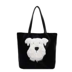 Sac fourre-tout noir avec broderie chiot en peluche 3D et anses en cuir PU