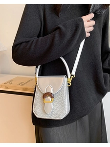 Silver-grey crocodile embossed mini handbag with wooden ring buckle shown as crossbody bag