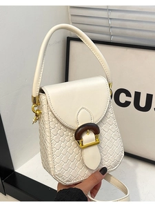 Chic white woven crossbody phone bag with wood-grain metal buckle and round handle