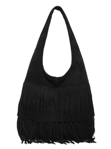 Schwarze Vintage-Hobo-Tasche aus Wildlederimitat mit langen Fransen und breitem Gurt