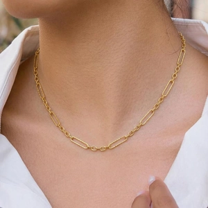 Minimalist gold geometric chain link necklace for women with textured oval links