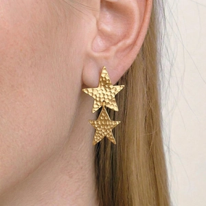 Hammered Stainless Steel Moon And Star Earrings 18K Gold Plated Asymmetric Studs Hypoallergenic Waterproof Jewelry For Women