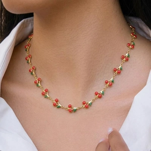 Cherry Jewelry Necklace Bracelet Stainless Steel Gold Plated Sweet Summer Fruit Accessory For Women
