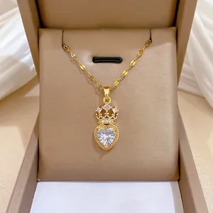 Luxurious crown heart pendant necklace with full diamonds on a gold titanium steel chain