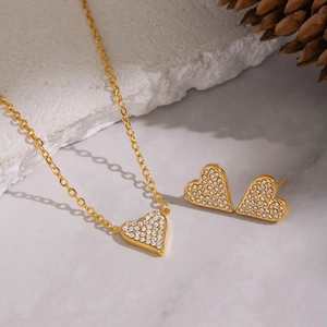 Elegant 18K gold plated stainless steel heart necklace and stud earrings jewelry set