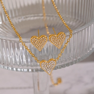 18K gold plated stainless steel heart necklace and stud earrings set with white crystals
