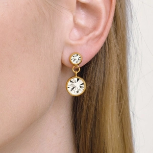 Boucles D'Oreilles Pendantes Double Cristal Rond Or 18 Carats Acier Inoxydable Hypoallergénique Chic Pour Femmes