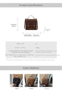 Detailed size chart for vintage PU leather bag showing dimensions 20x20x9cm and material info