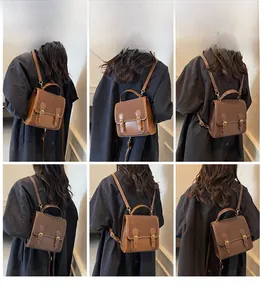 Collage of model wearing a vintage brown two-tone backpack with stylish buckle straps